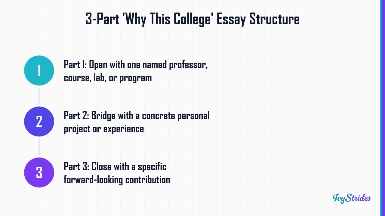 Three-part numbered structure for writing a Why This College essay: hook, personal connection, contribution close