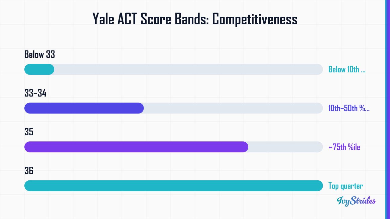 Bar chart showing Yale ACT score bands from below 33 to 36, mapped to enrolled student percentile ranges for competitiveness.